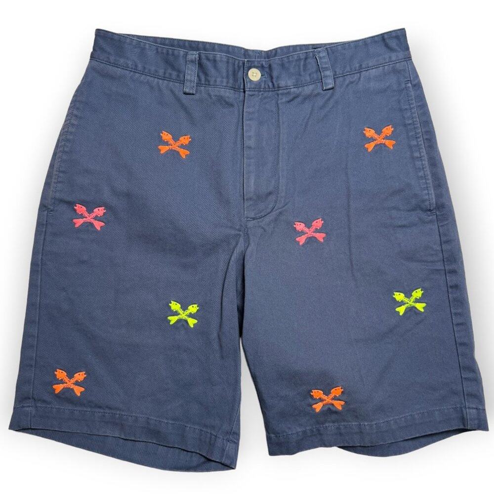 Vineyard Vines Club Shorts SIZE 30 Blue Twill Fish Crossbones Embroidered 9"